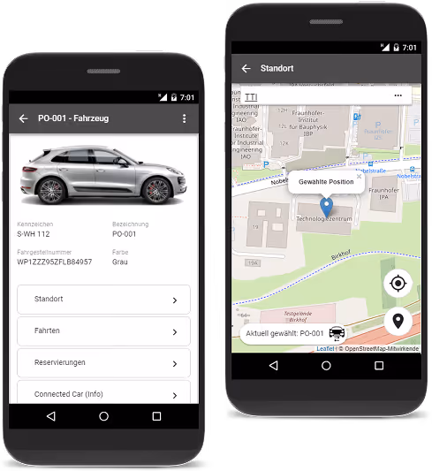 Two smartphone screens showing a car management app: left screen displays details of a gray car including license plate and VIN, right screen shows a map with a marked location labeled 'Gewählte Position'.
