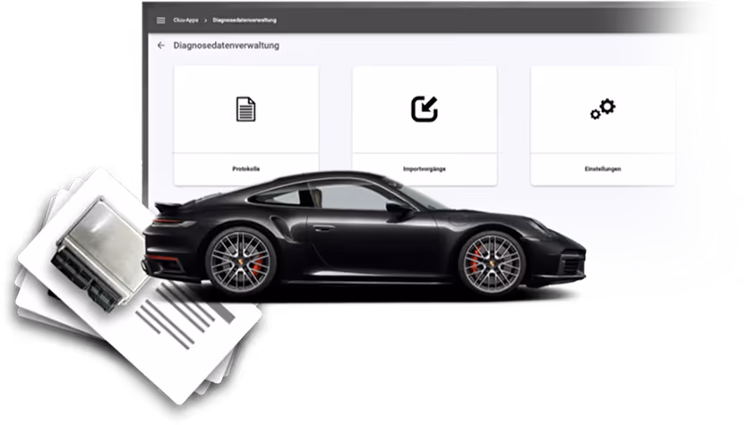 Black sports car in front of a diagnostic data management app screen with icons for protocols, import processes, and settings, alongside stacked documents and an electronic control unit.