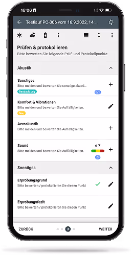 Smartphone screen displaying a checklist app in German for testing and recording acoustic and vibration items with status indicators.