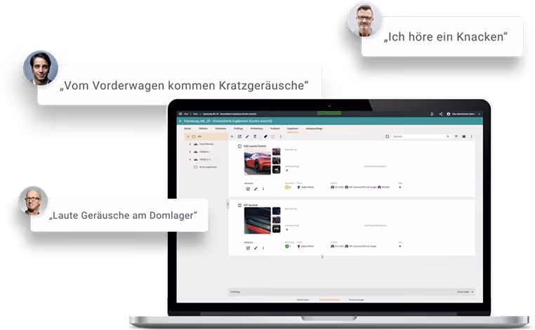 Laptop displaying a software interface with defect reports including car images, surrounded by speech bubbles with German phrases mentioning sounds and noises from a car.
