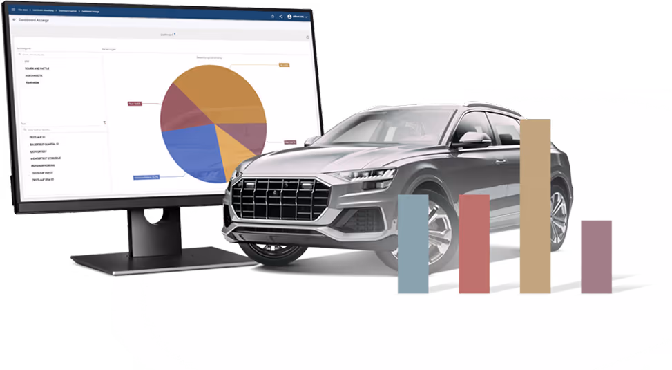 Silver SUV next to a computer monitor showing a pie chart and colored vertical bars representing data visualization.