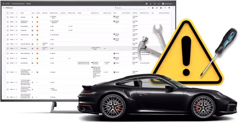 Black sports car in front of a computer screen displaying a dashboard and a large yellow warning triangle with a wrench and screwdriver.