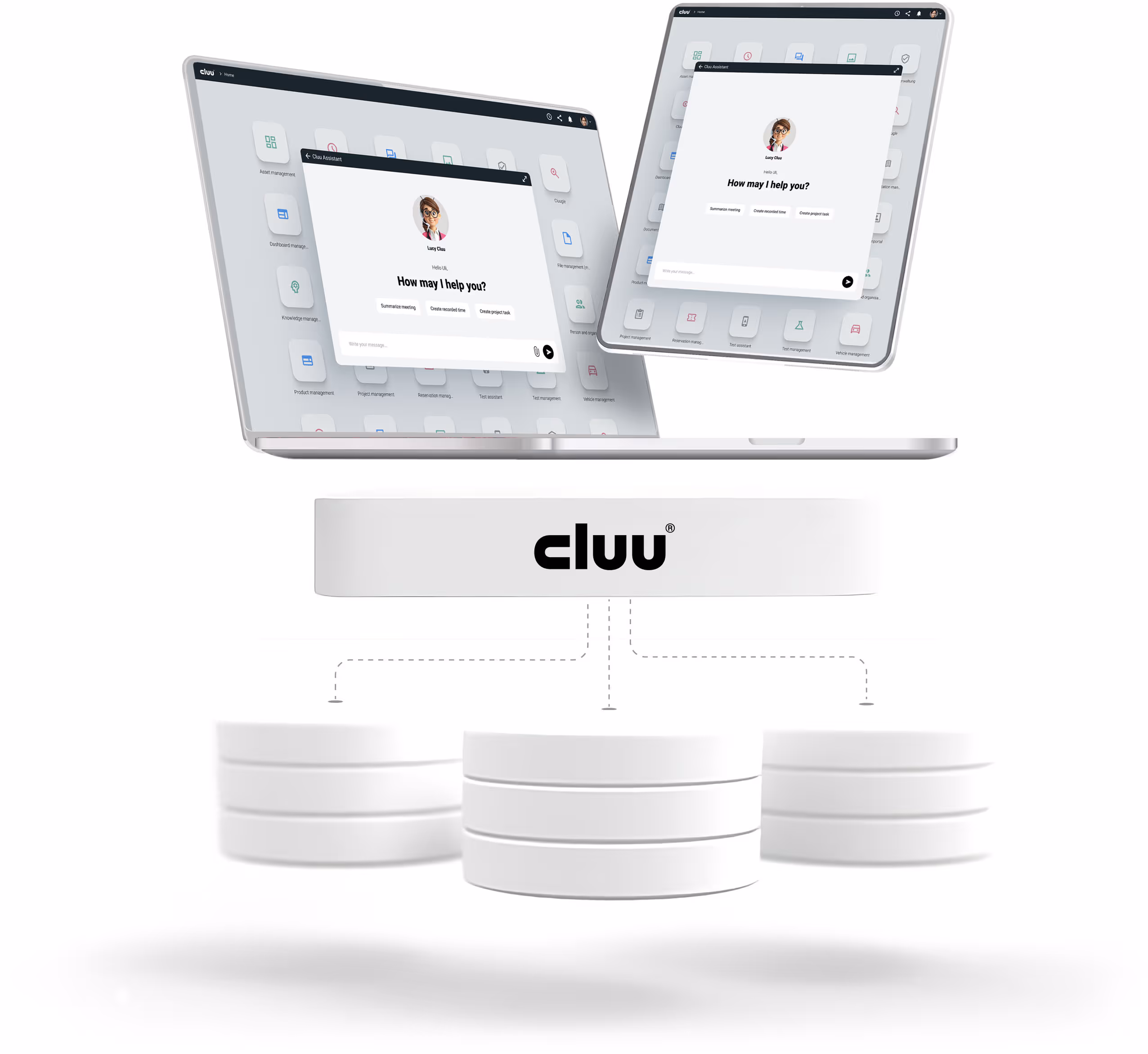 Two end devices with open cluu apps hovering above the cluu platform which bundels lots of databases.