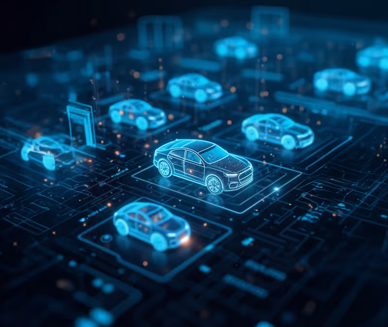 Glowing holographic 3D car models arranged on a digital circuit board representing connected automotive technology.