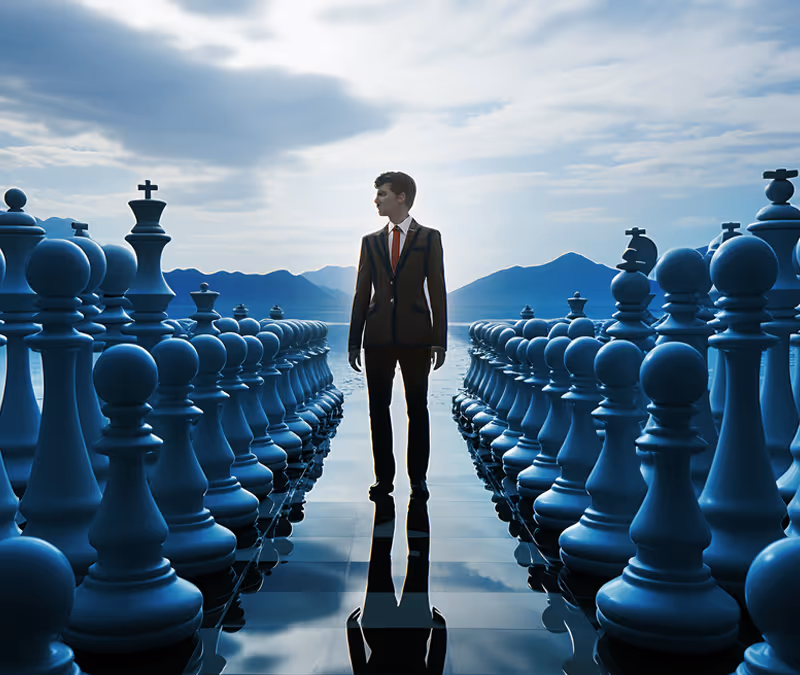 Man in a suit standing between two rows of large blue chess pieces on a reflective surface with mountains and cloudy sky in the background.