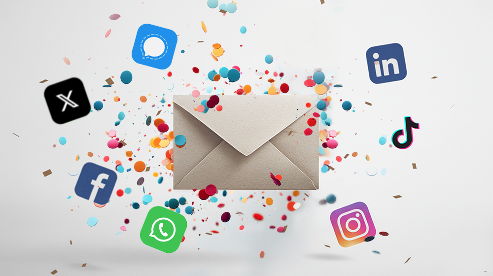 Closed envelope surrounded by colorful confetti and floating social media icons including Twitter, Signal, LinkedIn, TikTok, Instagram, WhatsApp, Facebook, and X.
