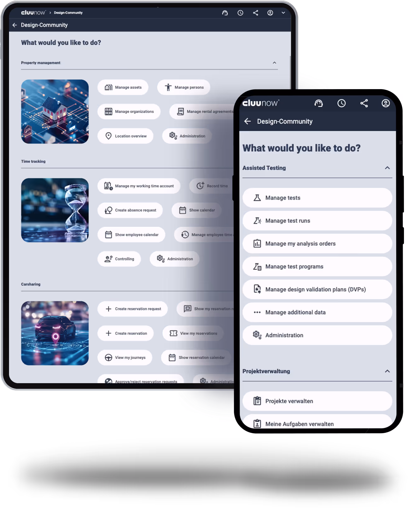 Tablet and phone showing Cluu Now interface.