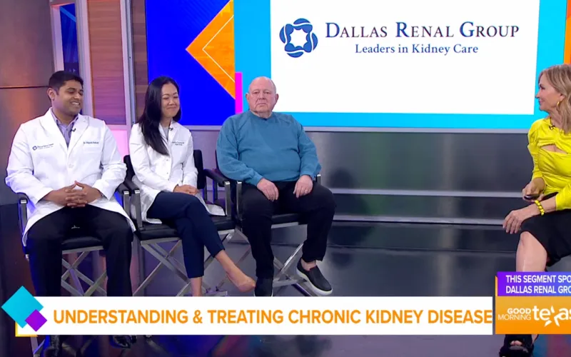 Two doctors and a patient seated in a studio with a Dallas Renal Group sign, discussing understanding and treating chronic kidney disease on Good Morning Texas.