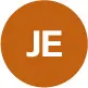 Circle with orange background and white capital letters J and E in the center.