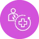 White icon of a person with a medical cross symbol on a purple circular background.