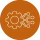 White gear and circuit icon representing technology on an orange circular background.