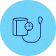 Illustration of a blood pressure monitor with cuff and gauge on a blue circular background.