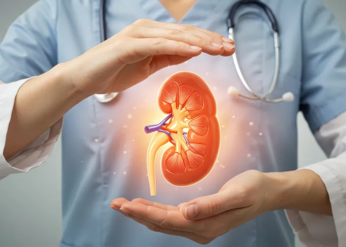 Healthcare professional wearing blue scrubs and a stethoscope holding a glowing 3D model of a human kidney between their hands.