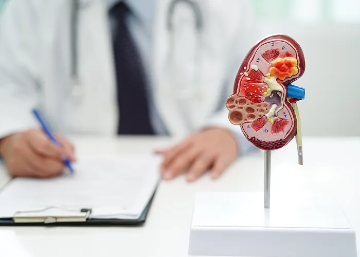 Model of a human kidney showing internal structure with a doctor writing on a clipboard in the blurred background.