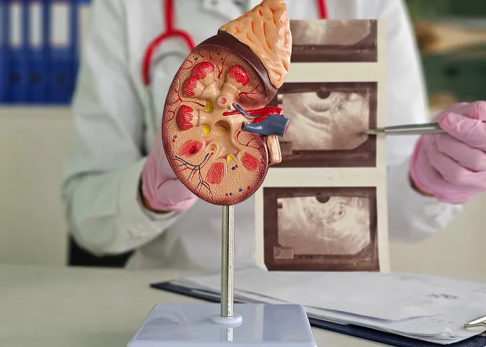 Model of a human kidney with adrenal gland, with a gloved person holding a pointer and medical ultrasound images in the background.
