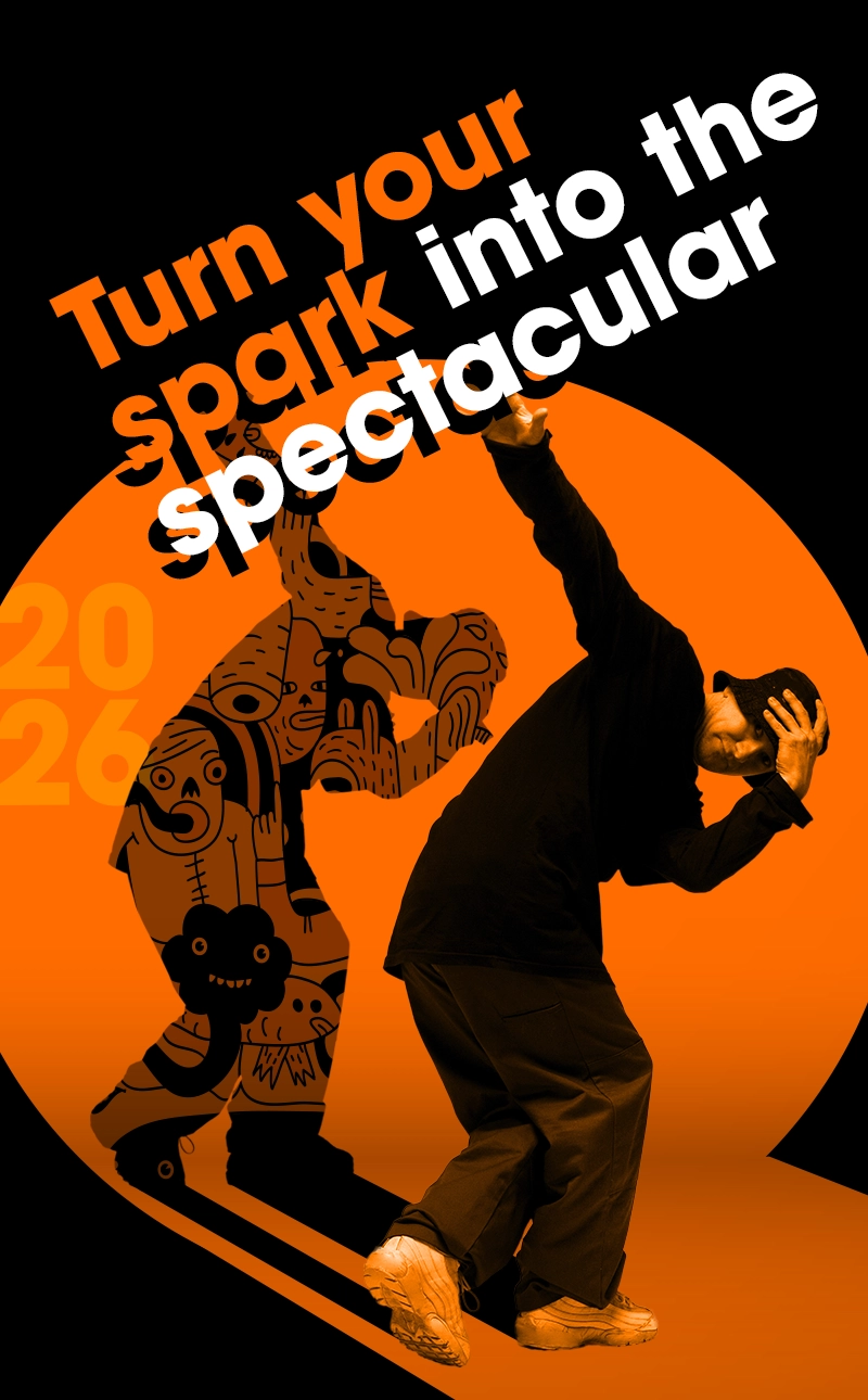 Person in black outfit posing dramatically with a shadow decorated with abstract faces and shapes against an orange circle background, with text reading 'Turn your spark into the spectacular'.