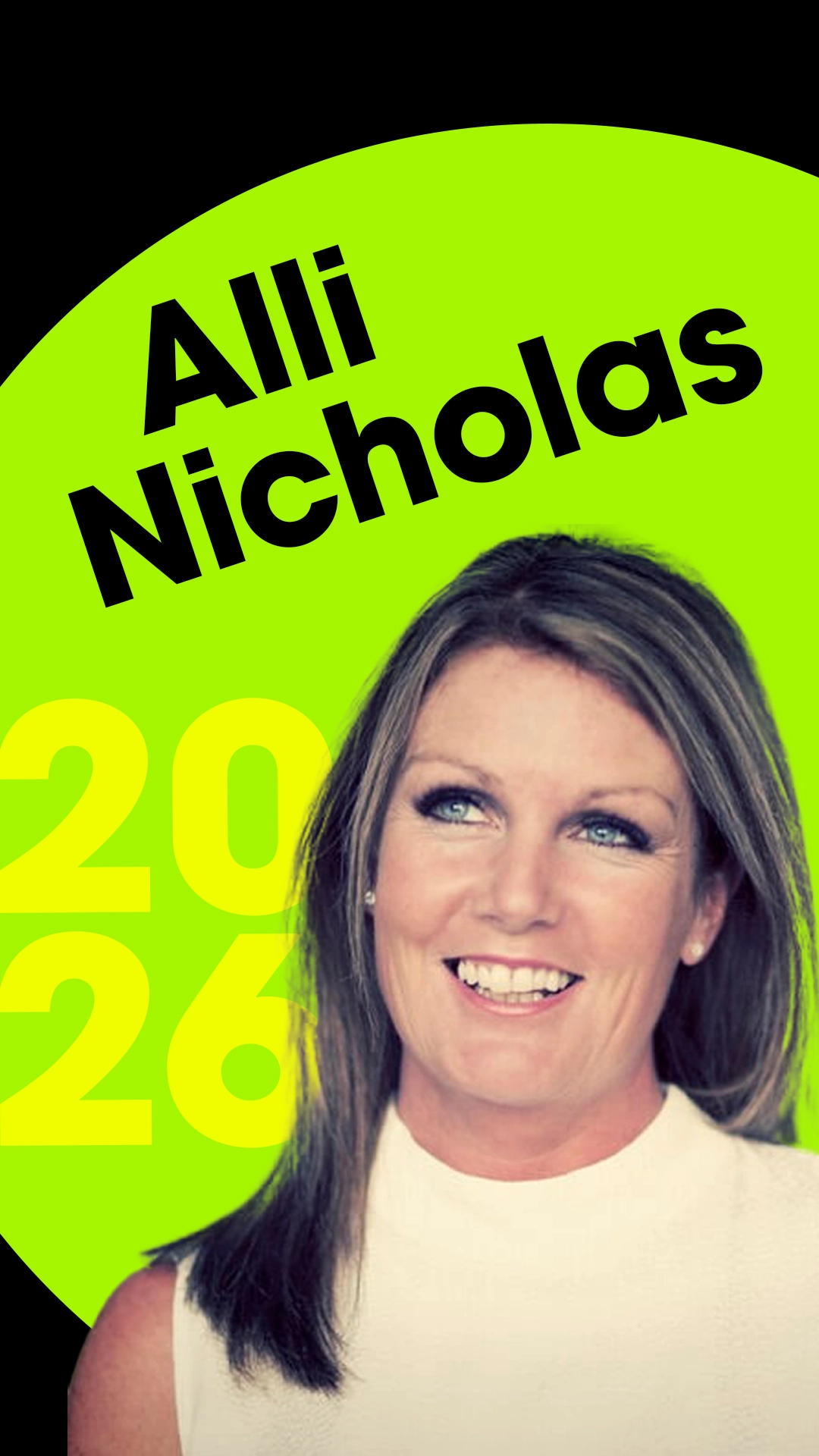 Alli Nicholas against a bright green circle background with text Alli Nicholas and 2026.