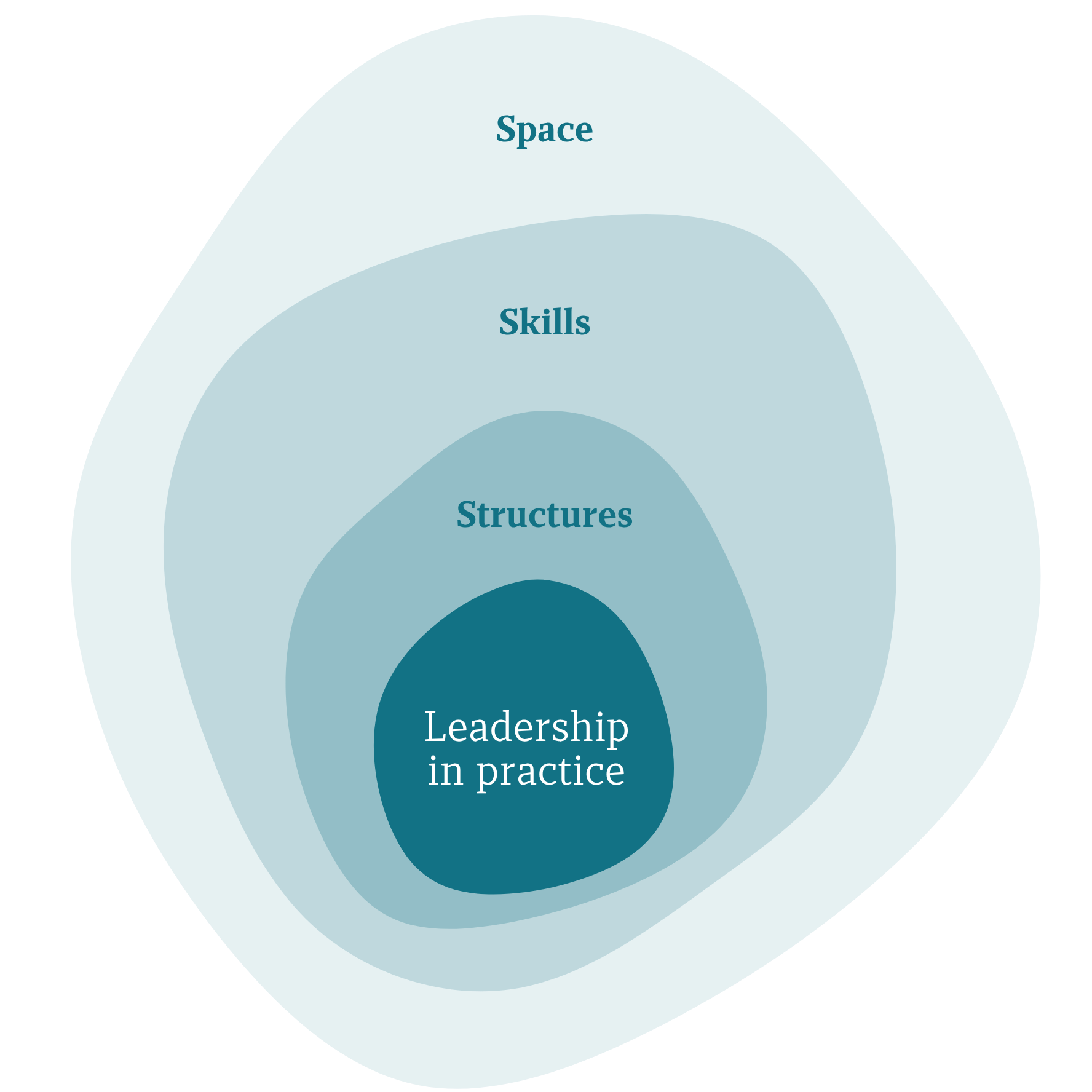 Concentric organic shapes with texts: Leadership in practice, Structures, Skills, Space from center outward.