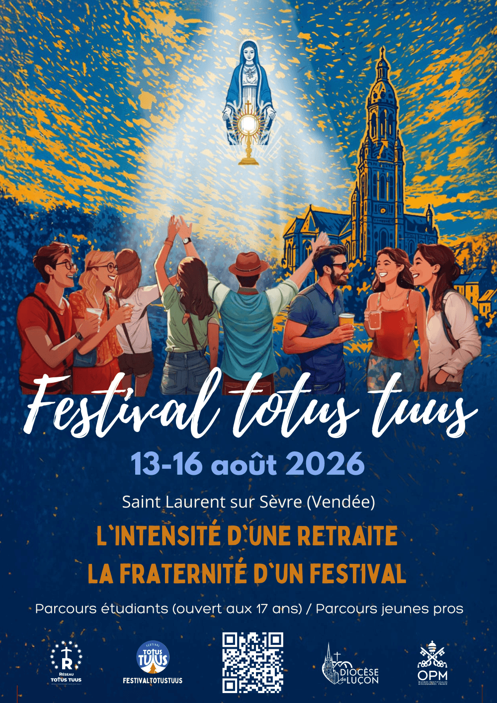 Group of young people enjoying Festival Totus Tuus 2026 with church, Virgin Mary, and monstrance in background.