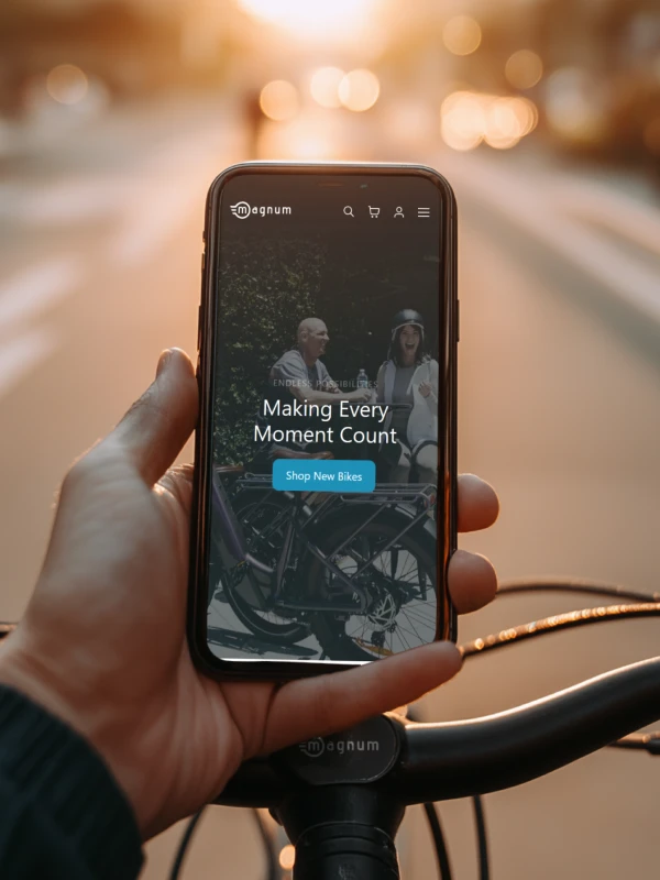 An urban biker holding their phone with Magnum Bikes' e-commerce website on screen