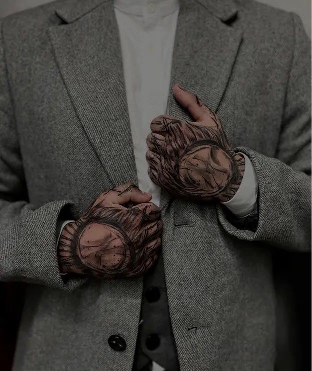 Black and grey tattoo of a realistic eye above a skull with a tree and hanging figures on the arm.