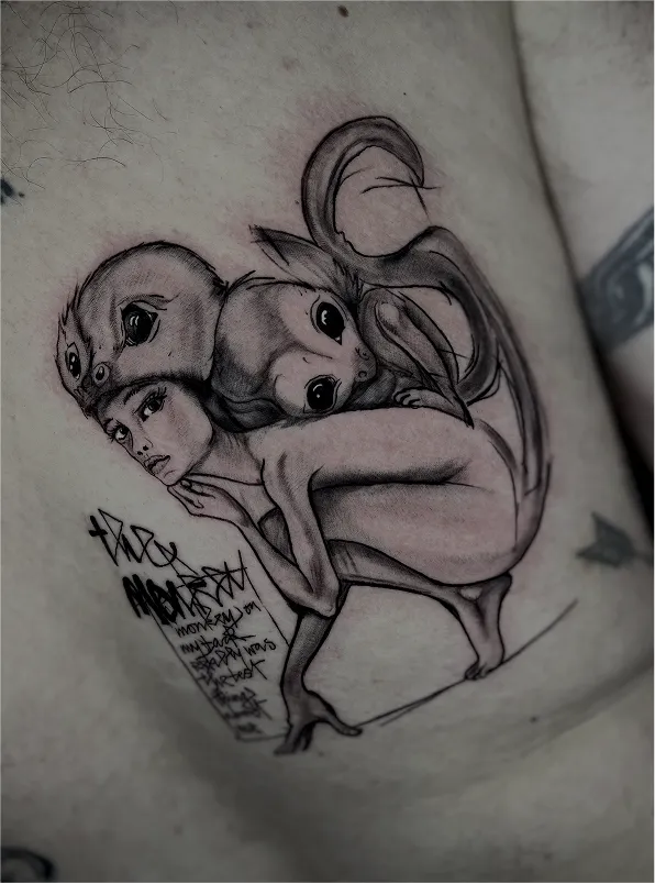 Black and grey tattoo of a realistic eye above a skull with a tree and hanging figures on the arm.