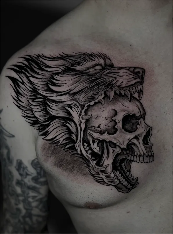 Black and grey tattoo of a realistic eye above a skull with a tree and hanging figures on the arm.
