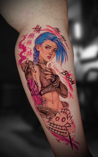 Tattoo of two screaming faces, one with stitches and pins, on a person's forearm.
