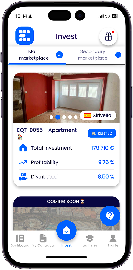Buy Tokens, get rents, with Equito. Mobile mockup