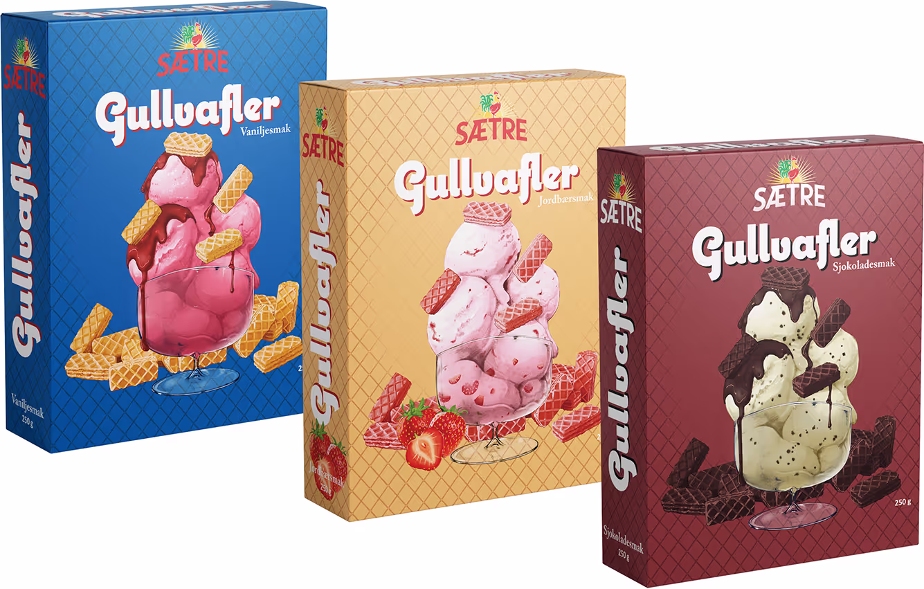 Bilde av nytt emballasjedesign for Sætre Gulvlafler. Viser tre mockup bokser med gullvafler i forskjellige smaker, den originale med vanilje og to nye smaker, jordbær og sjokolade.
