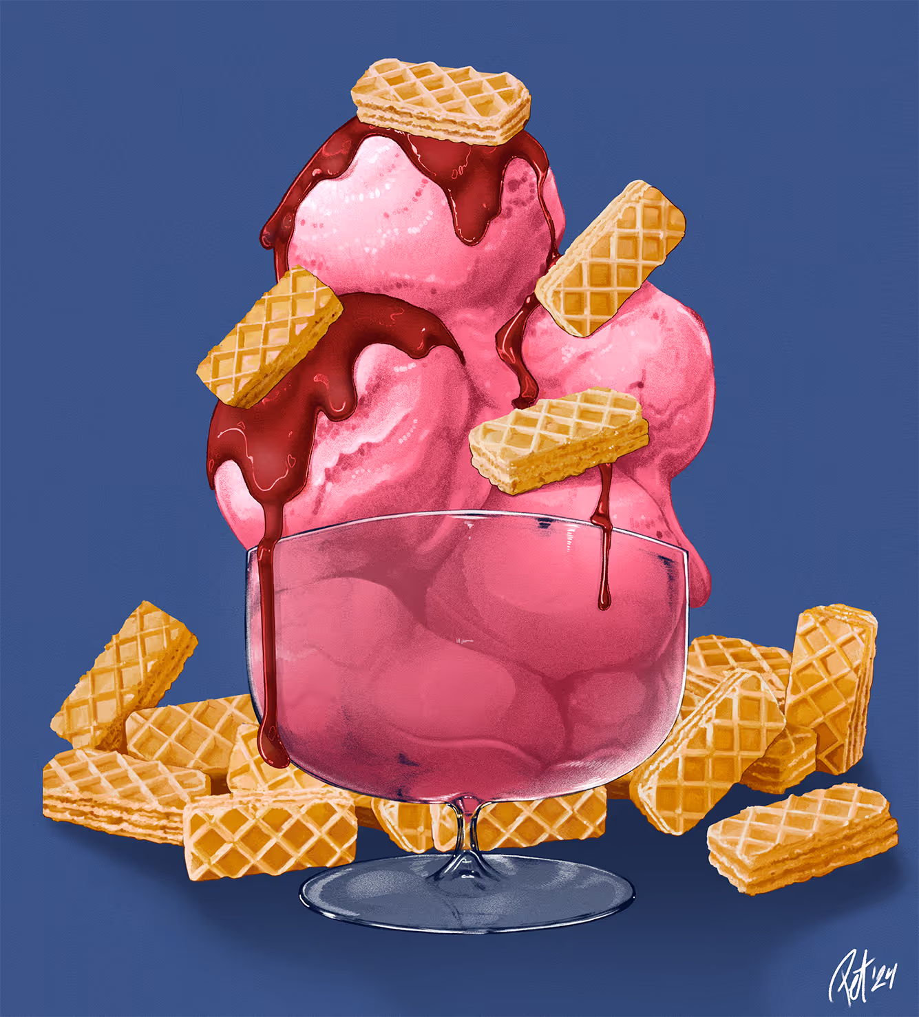 Viser illustrasjonen brukt på framsiden av den redesignete emballasjen for Gullvafler med vaniljesmak. Illustrasjonen viser en stor skål med rosa iskrem som har saus på seg, vaffelkjeksene er strødd på isen og ligger dandert rundt skålen.