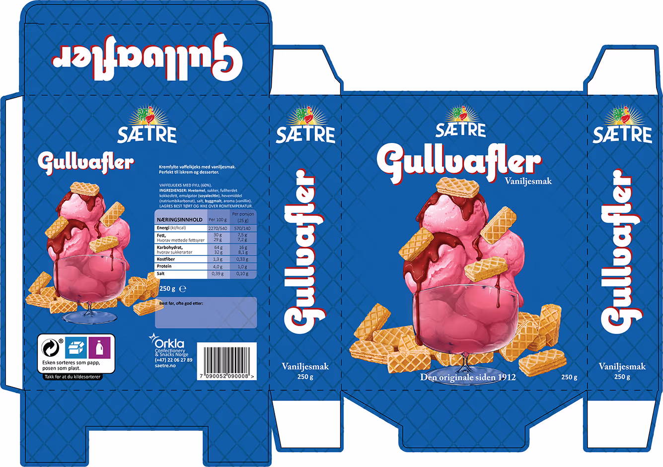 Viser stanserisset til den redesignete emballasjen for den originale Gullvafler med vaniljesmak.