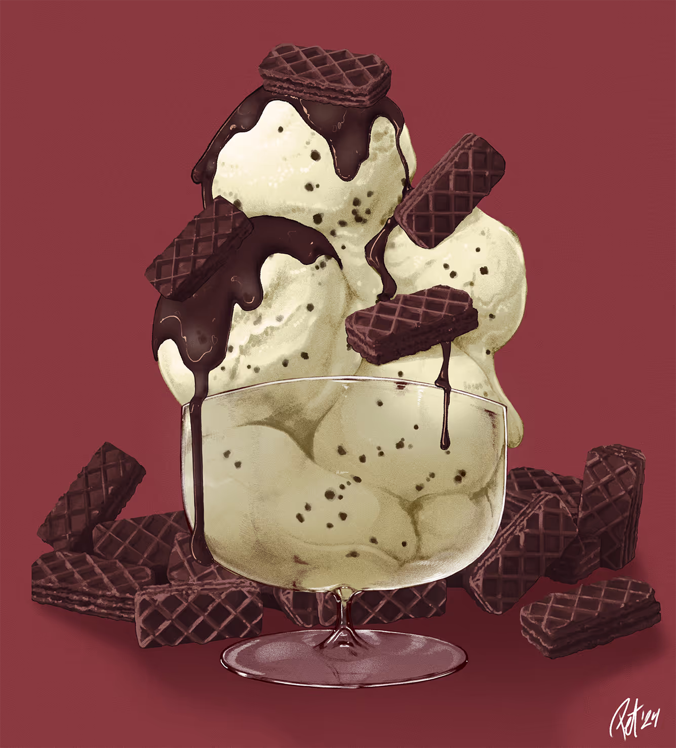 Viser illustrasjonen brukt på framsiden av den nye emballasjen for Gullvafler med sjokoladesmak. Illustrasjonen viser en stor skål med vaniljeis iskrem med sjokoladebiter og sjokoladesaus, den sjokoladebrune vaffelkjeksene er strødd på isen og ligger dandert rundt skålen. 