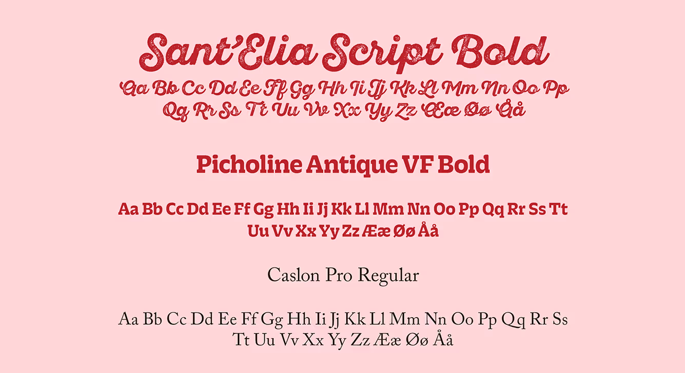 Rød og sort tekst på rosa bakgrunn. Viser typografien valgt for kampanjenettsiden til gullvafler.