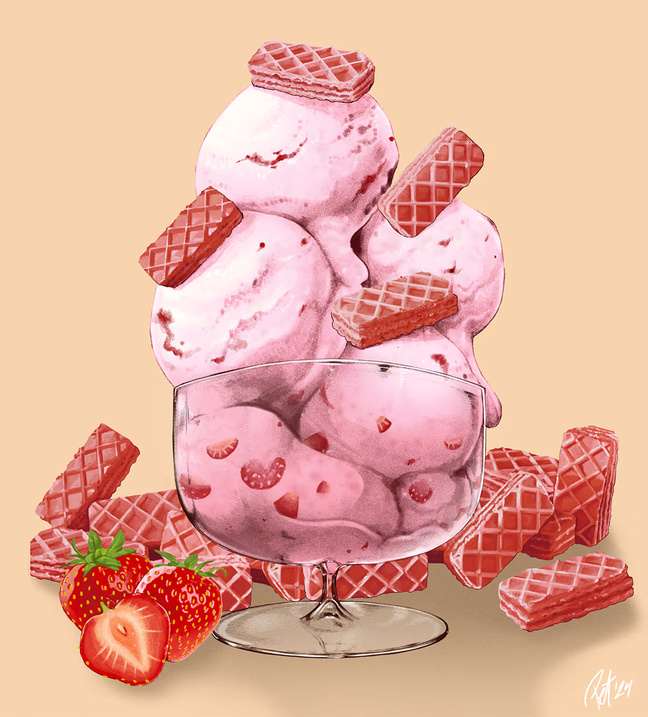 Viser illustrasjonen brukt på framsiden av den nye emballasjen for Gullvafler med jordbærsmak. Illustrasjonen viser en stor skål med lys rosa iskrem med jordbærbiter, den lyserøde vaffelkjeksene er strødd på isen og ligger dandert rundt skålen. Det liger noen friske jordbær forann skålen.