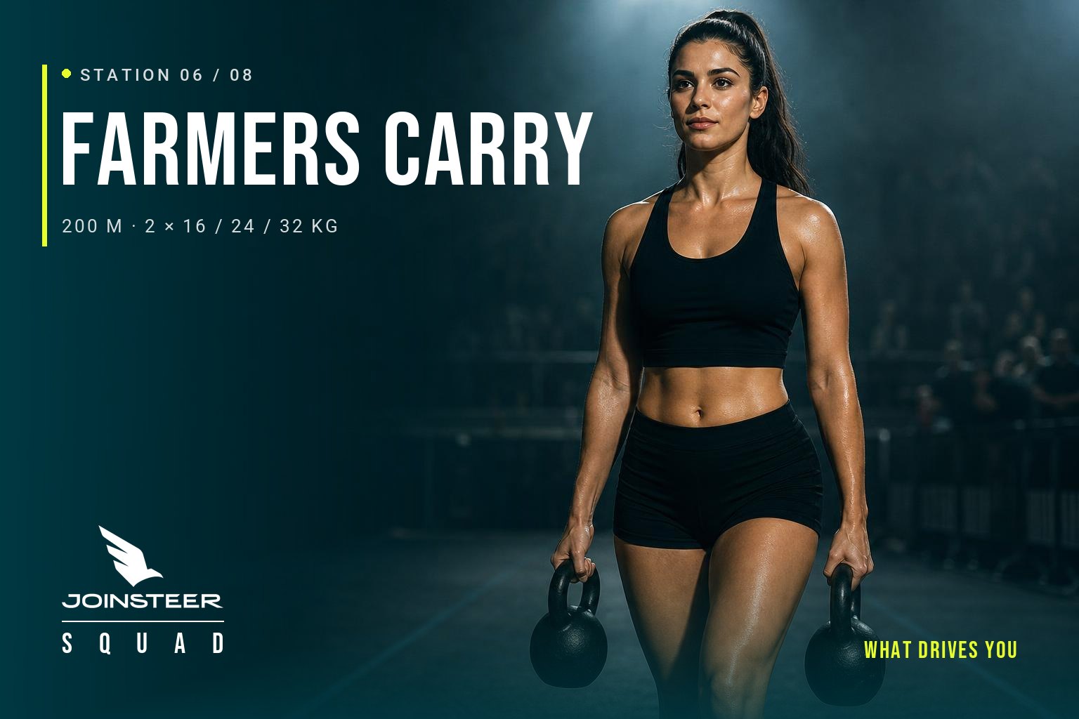 Station 6 HYROX : athlète portant deux kettlebells en farmers carry, illustration JOINSTEER SQUAD
