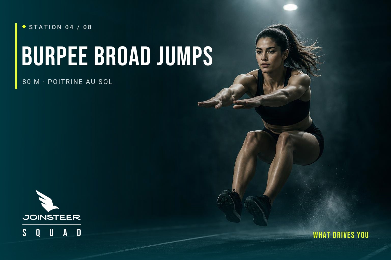 Station 4 HYROX : athlète en saut en longueur des burpee broad jumps, illustration JOINSTEER SQUAD