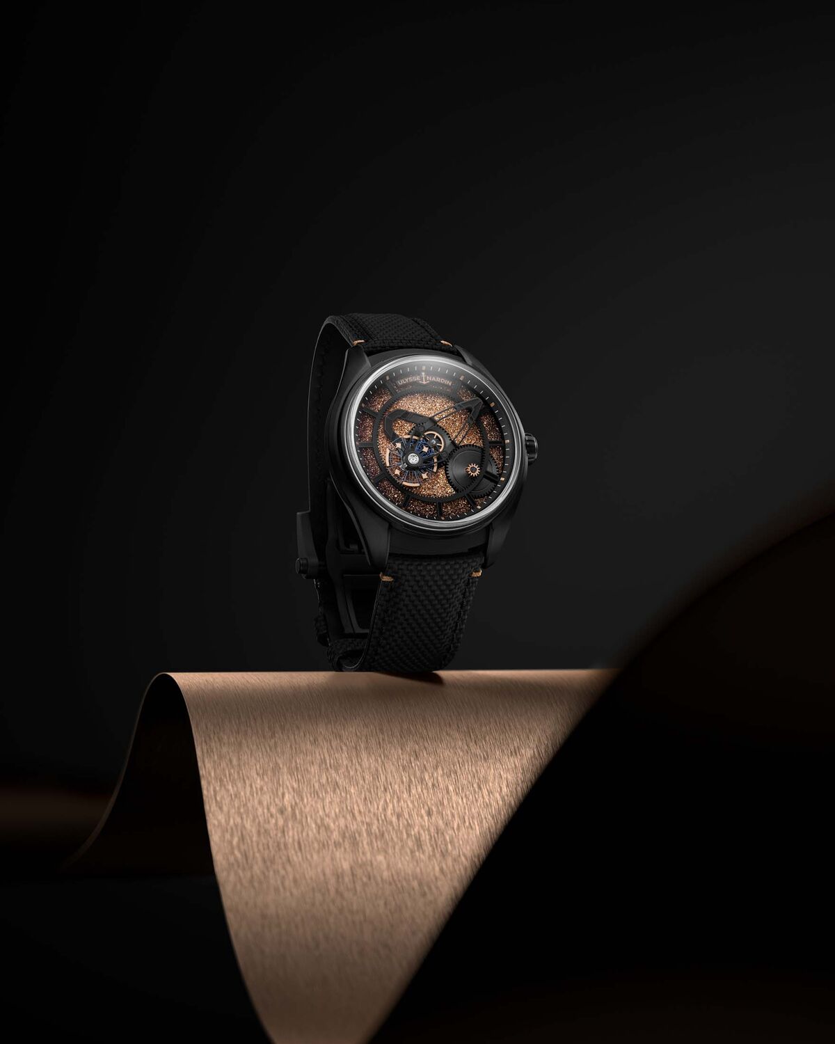 The Ulysse Nardin Freak X Crystalium is 43mm across and comes with a textured rubber strap.