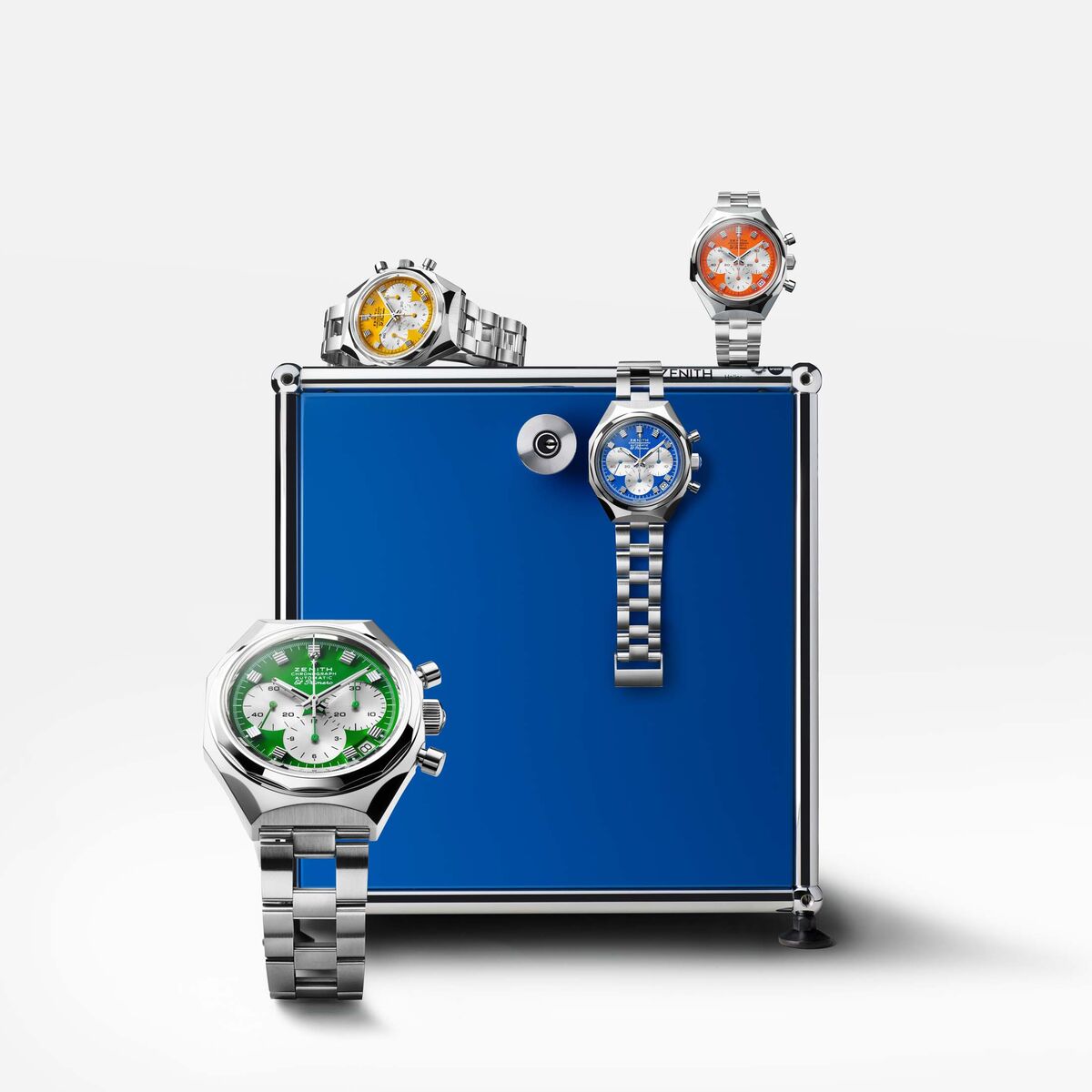 The three-register dials come in four Pop-Art colors from the USM Haller repertoire—green, orange, yellow and blue