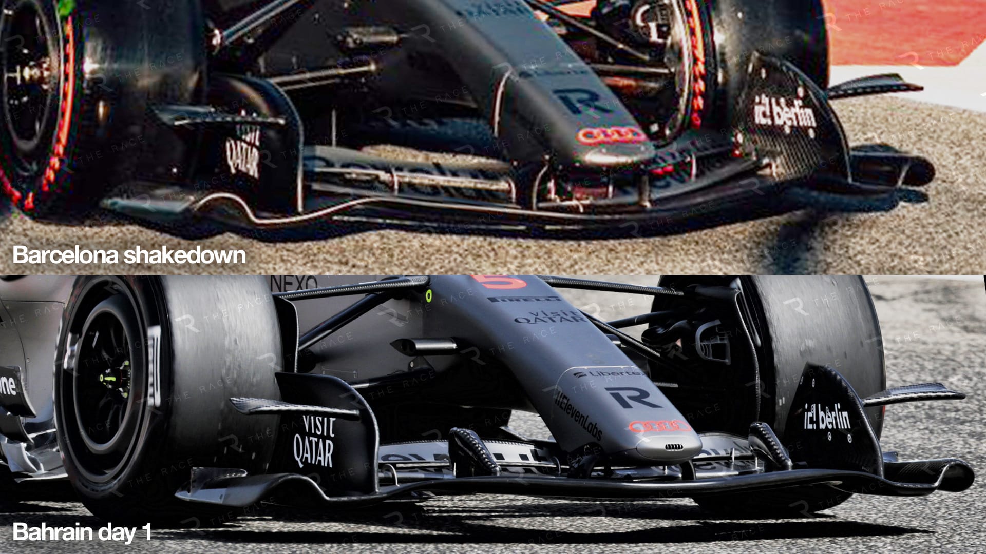 Comparaison de l’aileron avant Audi aux essais de Bahreïn, avec deux grands carénages visibles