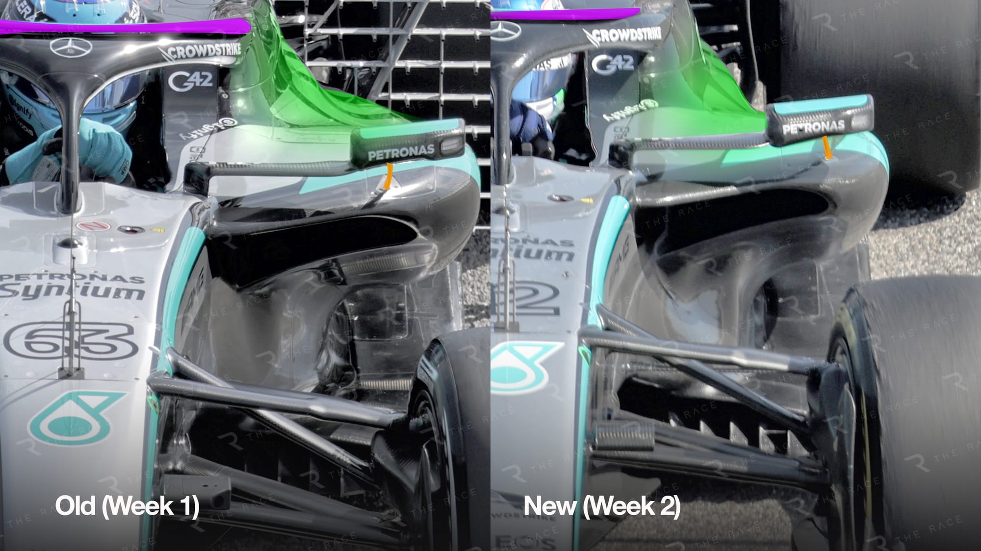 Vue des pontons de la Mercedes W17 avec forme révisée