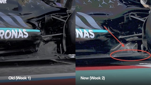 Détail du fond plat : modification juste avant le pneu arrière avec un nouvel élément de guidage