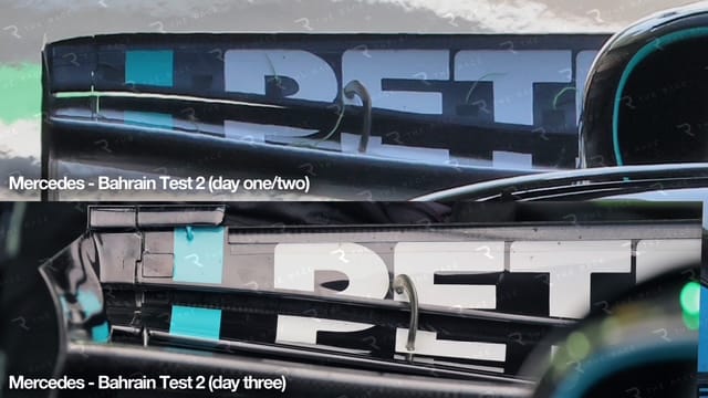 Vue rapprochée de l’aileron arrière Mercedes avec l’extension ajoutée aux essais de Bahreïn