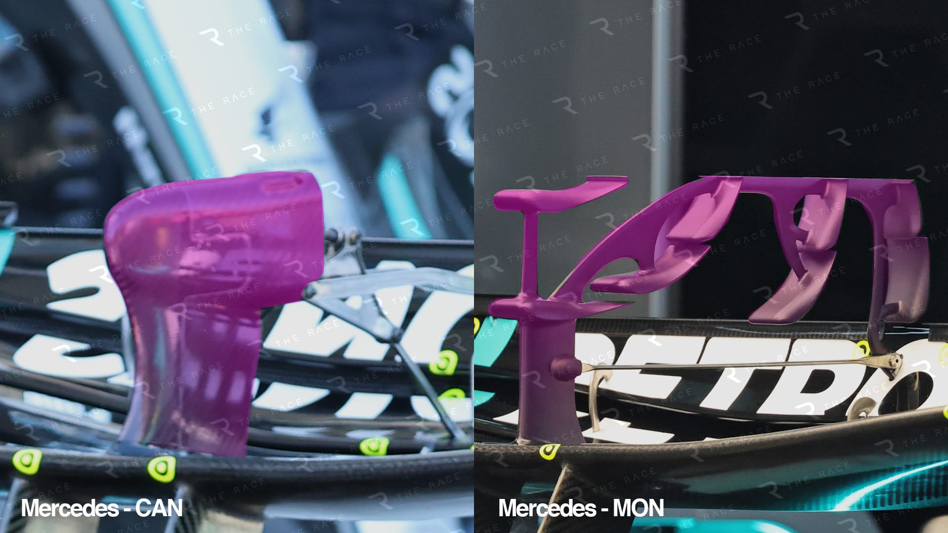 Aileron arrière Mercedes à Monaco avec plusieurs aileronnets autour d’un élément central