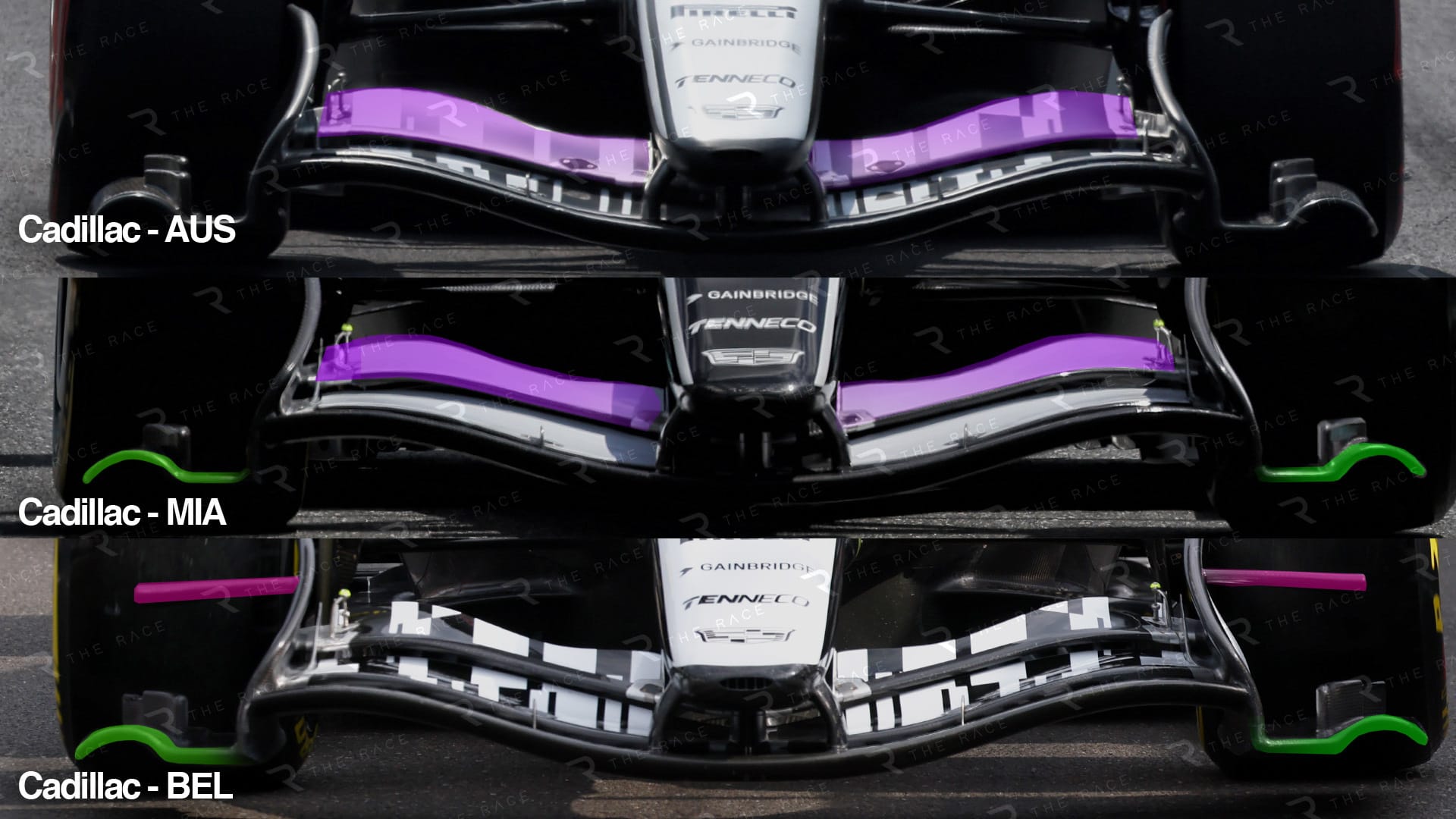 Comparaison des ailes avant Cadillac entre l’Australie, Miami et la Belgique