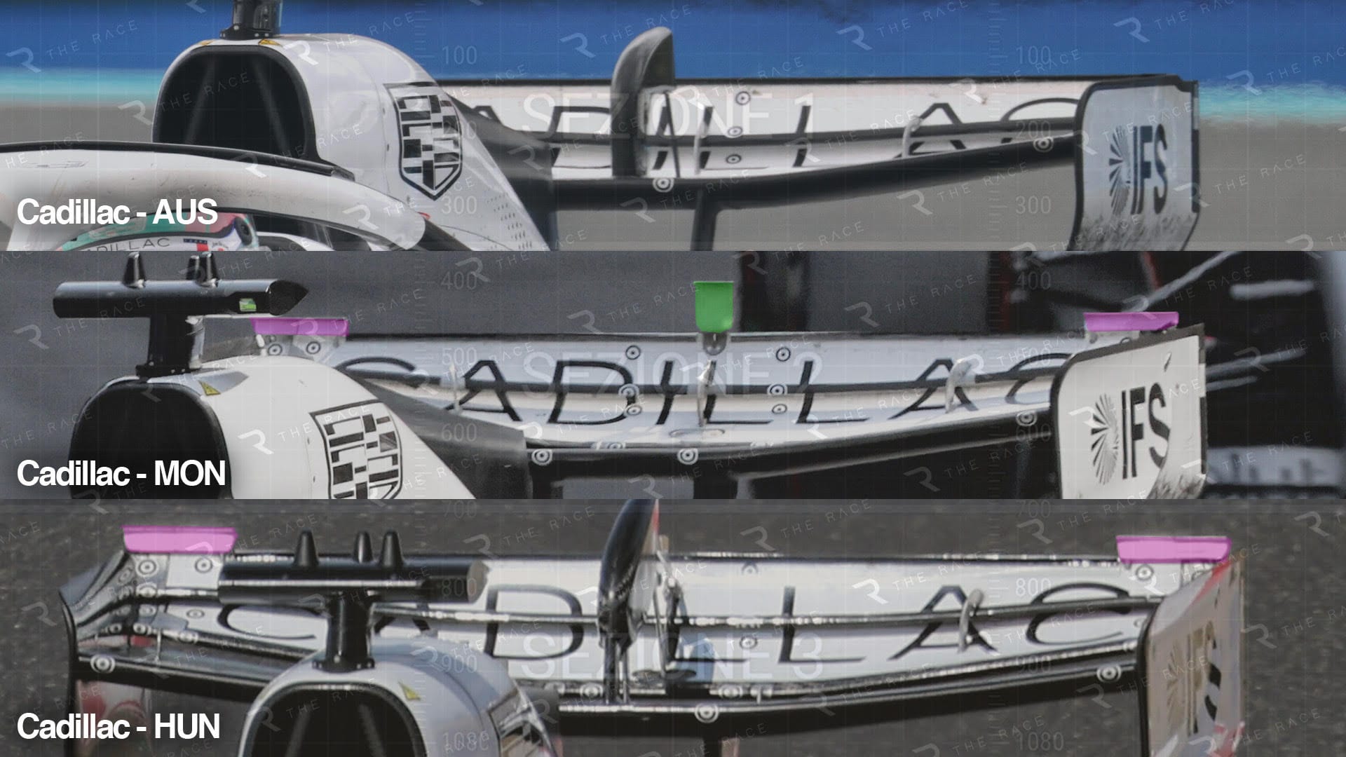Différents packages d’aileron arrière utilisés par Cadillac selon les circuits en 2026