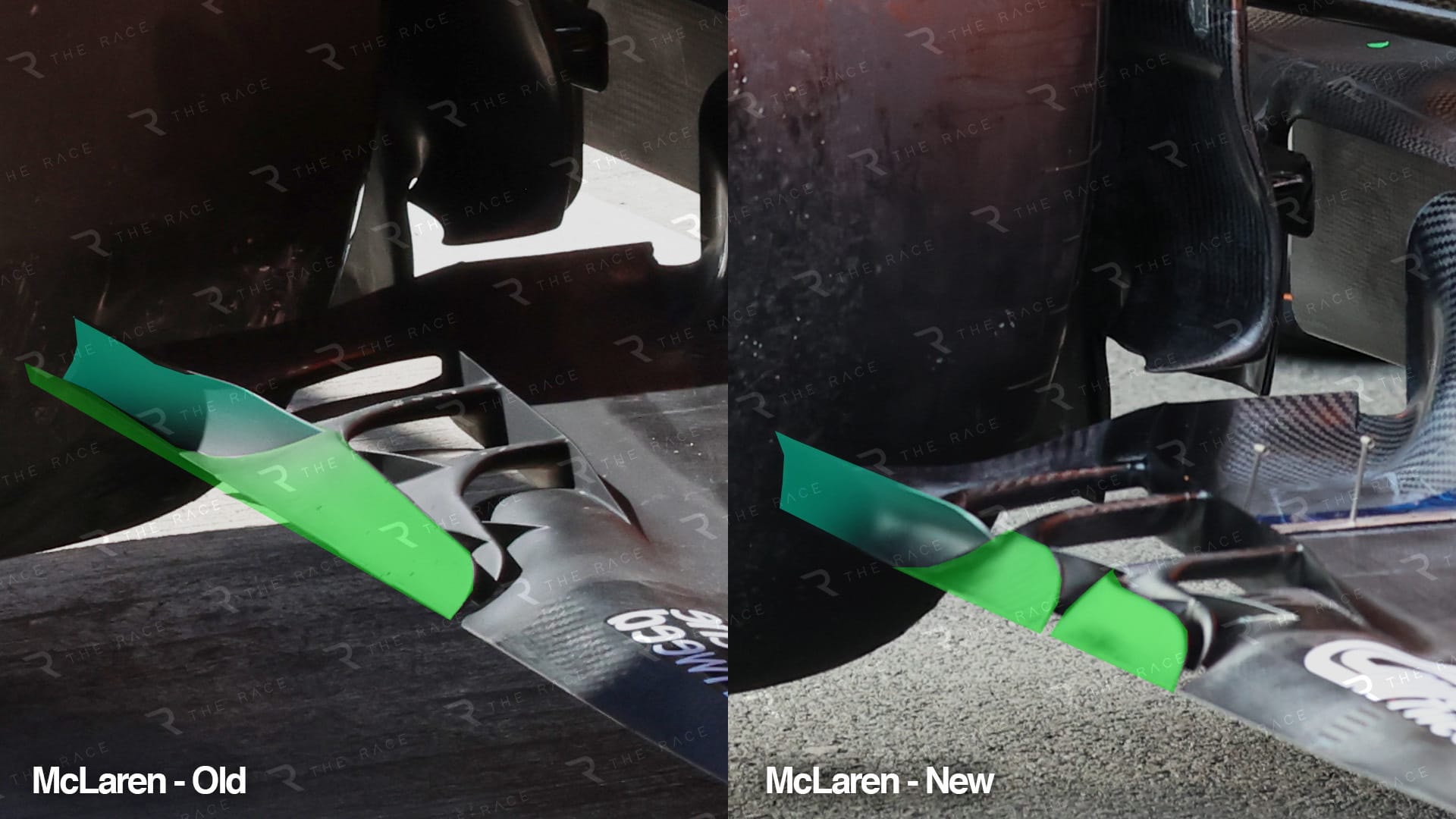 Comparaison : bord de plancher et zone devant la roue arrière McLaren à Bakou