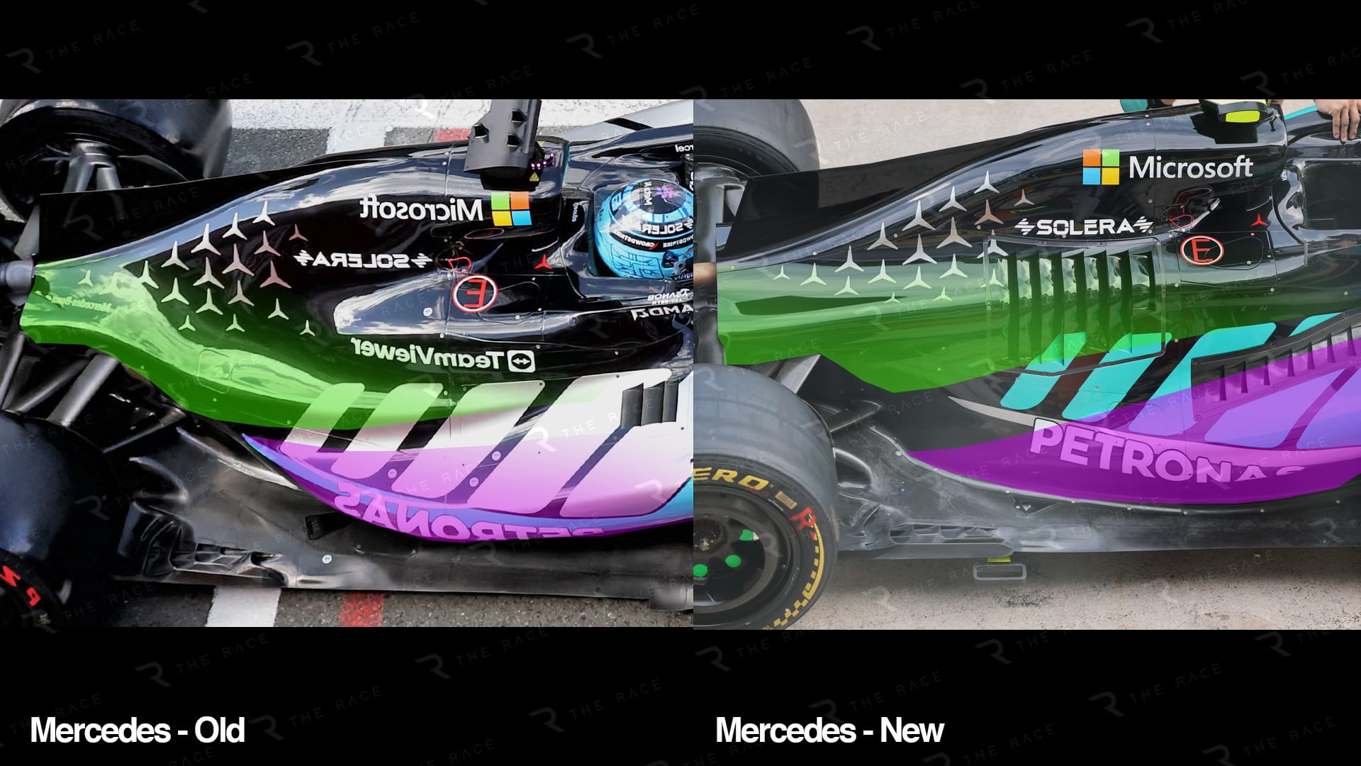 Comparaison vue de dessus de la carrosserie Mercedes à Sepang, zones modifiées mises en évidence