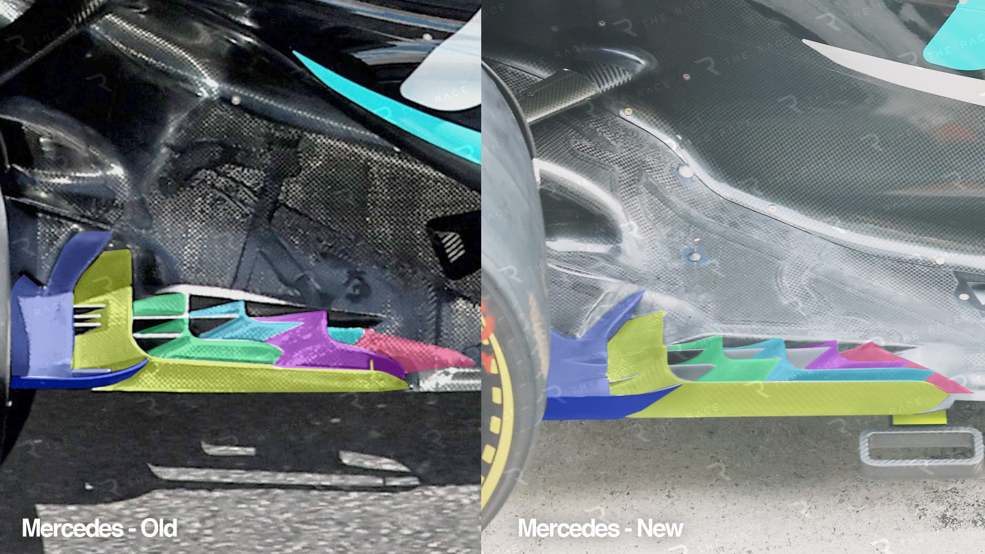 Comparaison du bord de plancher Mercedes à Sepang, différences mises en évidence