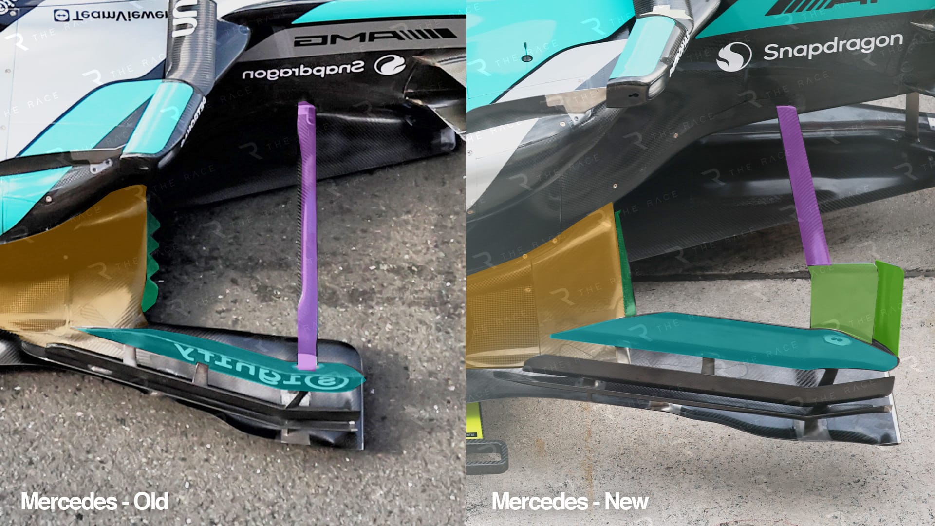 Comparaison mise en évidence de l’avant du plancher et des éléments de plancher de la Mercedes à Sepang